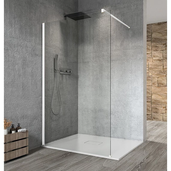 VARIO WHITE Fix zuhanyfal, fali profillal, merőleges merevítő nélkül, transzparent üveg, 800mm