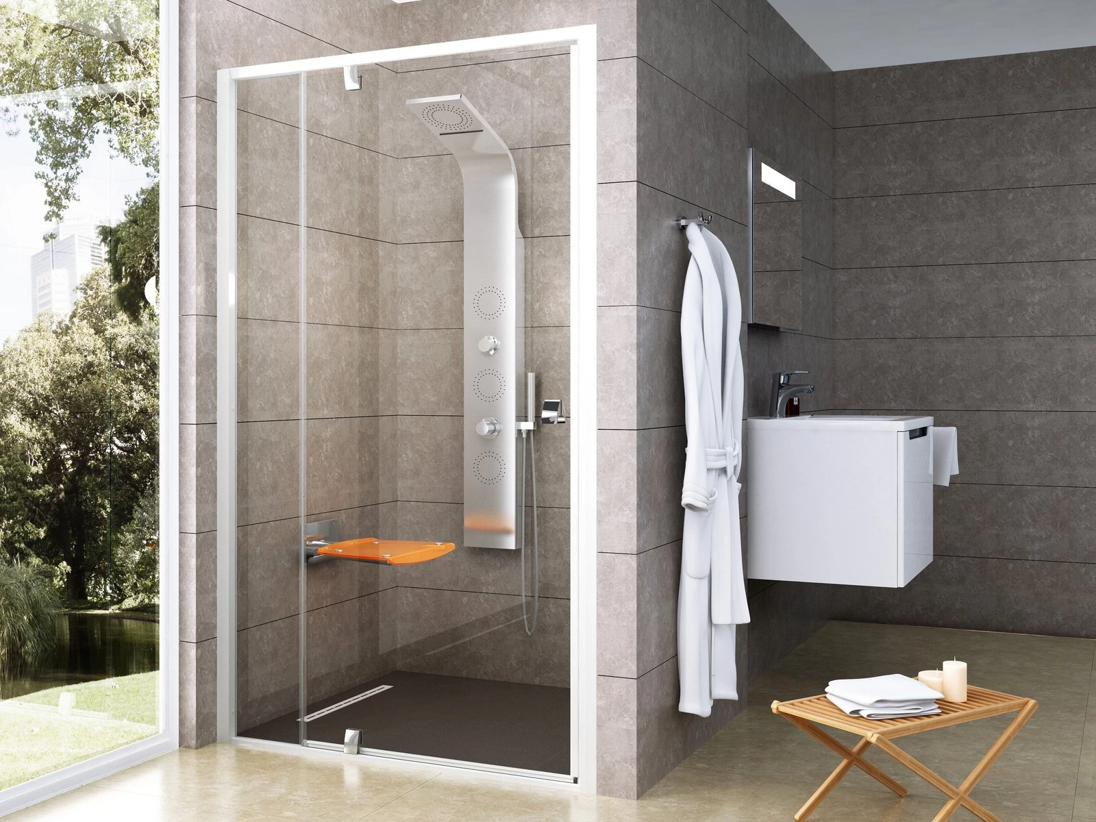 RAVAK Pivot PDOP2-120 zuhanyajtó fehér/króm+transparent