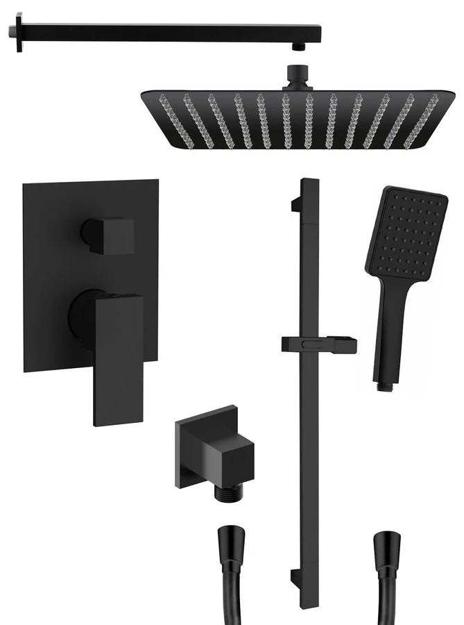 CUBEMIX falbasüllyesztett csaptelep, zuhanyszettel, zuhanyrúddal, fejzuhannyal, 2-irányú, matt fekete