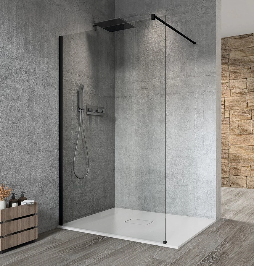 VARIO BLACK Fix zuhanyfal, fali profillal, merőleges merevítő nélkül, transzparent üveg, 1000mm