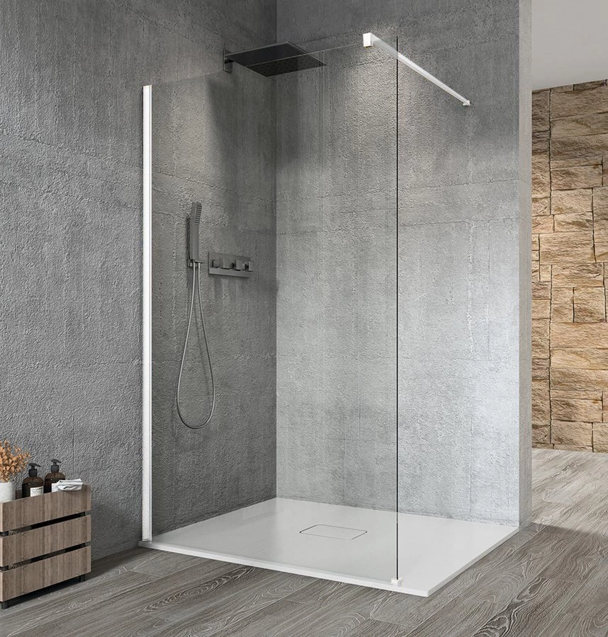 VARIO WHITE Fix zuhanyfal, fali profillal, merőleges merevítő nélkül, transzparent üveg, 1400mm
